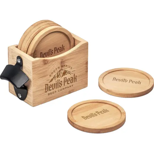 Okiyo Kanpai Bamboo Coaster & Bottle Opener Set Display